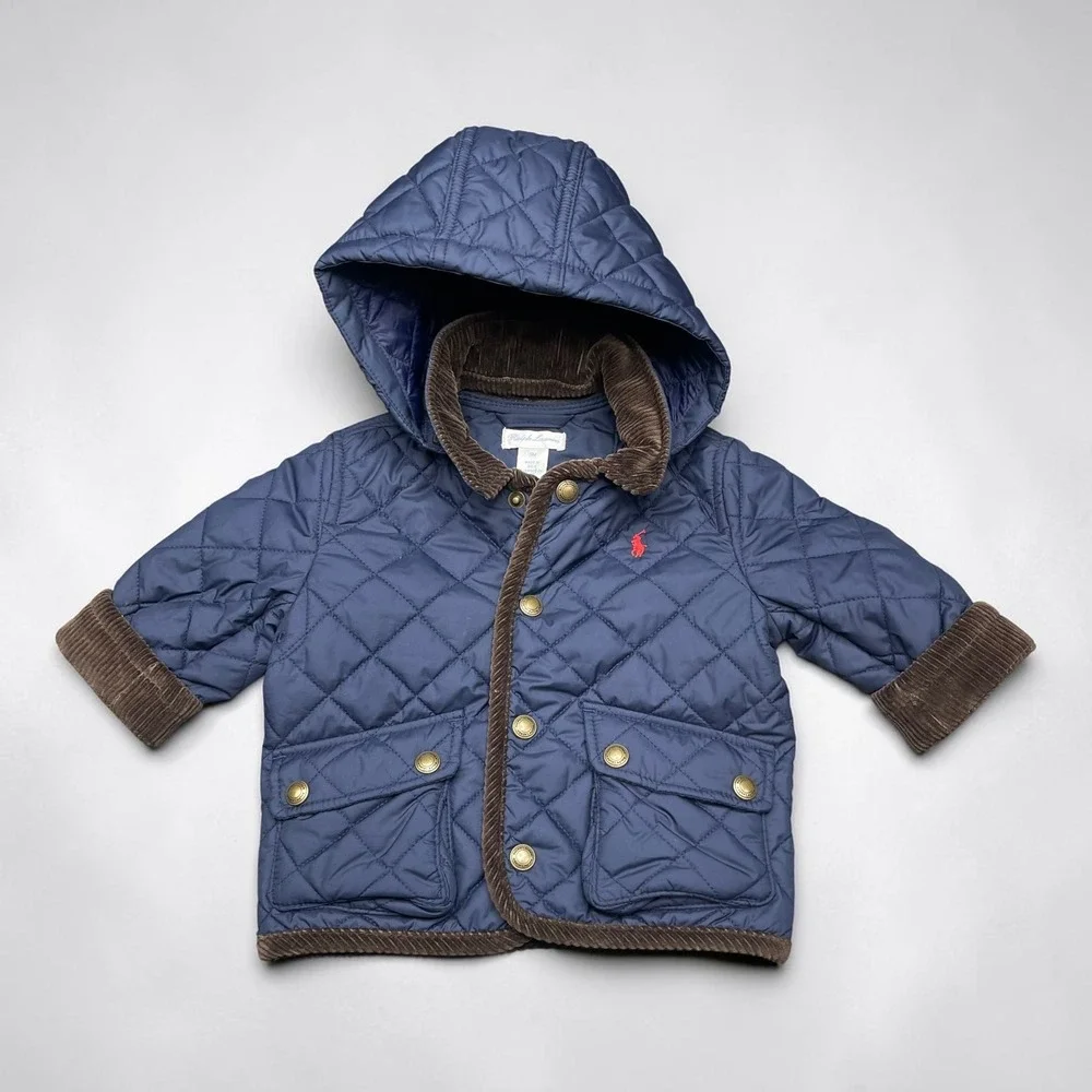 Ralph Lauren Kids Navy Blue Quilted Hooded Barn Jacket Corduroy Trim‎ 9M